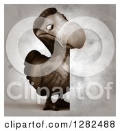 Clipart Of A 3d Dodo Bird Looking Around A Sign In Distressed Sepia Royalty Free Vector Illustration