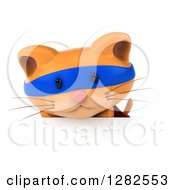 Clipart Of A 3d Super Hero Ginger Cat Looking Down Over A Sign Royalty Free Vector Illustration