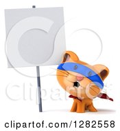 Clipart Of A 3d Super Hero Ginger Cat Smiling Under A Blank Sign Royalty Free Vector Illustration