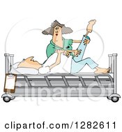 Poster, Art Print Of White Female Nurse Helping A Male Patient Stretch For Physical Therapy Recovery In A Hospital Bed