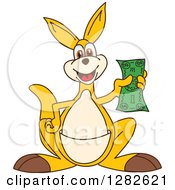 Happy Kangaroo School Mascot Character Holding Cash