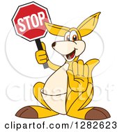 Happy Kangaroo School Mascot Character Gesturing And Holding A Stop Sign