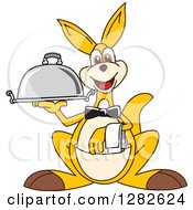 Happy Kangaroo School Mascot Character Waiter Holding A Cloche Platter