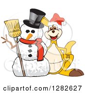 Poster, Art Print Of Happy Christmas Kangaroo School Mascot Character By A Winter Snowman