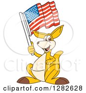 Happy Kangaroo School Mascot Character Holding An American Flag