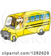 Happy Kangaroo School Mascot Character Waving And Driving A Bus