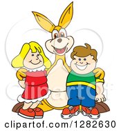 Happy Kangaroo School Mascot Character Posing With School Children