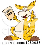 Clipart Of A Happy Kangaroo School Mascot Character Holding Up A Finger And Report Card Royalty Free Vector Illustration by Toons4Biz