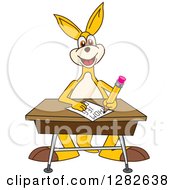 Happy Kangaroo School Mascot Character Writing At A Desk