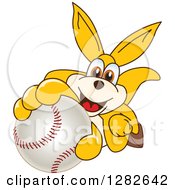 Happy Kangaroo School Mascot Character Holding Up Or Catching A Baseball