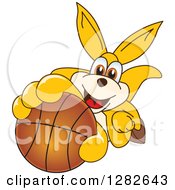 Happy Kangaroo School Mascot Character Holding Up Or Catching A Basketball