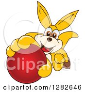 Happy Kangaroo School Mascot Character Holding Up Or Catching A Red Ball