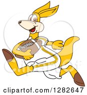 Clipart Of A Happy Kangaroo School Mascot Character Running With An American Football Royalty Free Vector Illustration by Toons4Biz