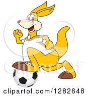 Poster, Art Print Of Happy Kangaroo School Mascot Character Playing Soccer