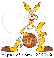 Happy Kangaroo School Mascot Character Dribbling A Basketball