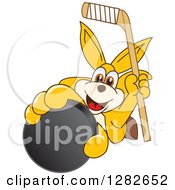 Happy Kangaroo School Mascot Character Holding Up An Ice Hockey Stick And Puck