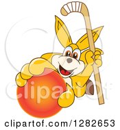 Happy Kangaroo School Mascot Character Holding Up A Field Hockey Stick And Ball