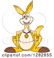 Happy Kangaroo School Mascot Character Wearing A Sports Medal