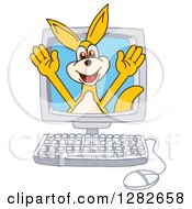 Happy Kangaroo School Mascot Character Emerging From A Desktop Computer Screen