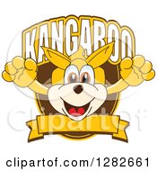 Happy Kangaroo School Mascot Character Leaping Out From A Shield Over A Blank Banner