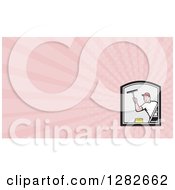Poster, Art Print Of Cartoon Male Window Washer And Pink Rays Background Or Business Card Design