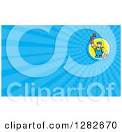 Clipart Of A Cartoon Male Plumber Holding Up A Plunger And Blue Rays Background Or Business Card Design Royalty Free Illustration