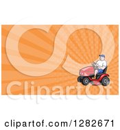 Poster, Art Print Of Cartoon Man On A Ride On Lawn Mower And Orange Rays Background Or Business Card Design