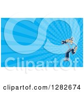 Poster, Art Print Of Cartoon Mechanic Running With A Wrench And Blue Rays Background Or Business Card Design
