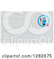 Clipart Of A Cartoon Male Plumber With A Monkey Wrench And Tool Box On A Gray Rays Background Or Business Card Design Royalty Free Illustration