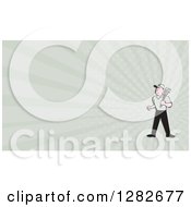 Clipart Of A Cartoon Male Plumber With A Monkey Wrench And Rays Background Or Business Card Design Royalty Free Illustration