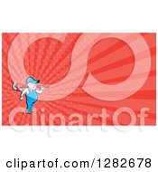 Clipart Of A Cartoon Male Plumber With A Monkey Wrench On His Shoulders And Red Rays Background Or Business Card Design Royalty Free Illustration