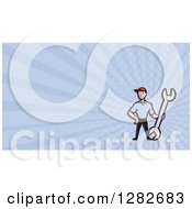 Poster, Art Print Of Cartoon Mechanic With A Giant Wrench And Blue Rays Background Or Business Card Design