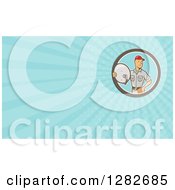 Clipart Of A Retro Cartoon Satellite Tv Installer And Blue Rays Background Or Business Card Design Royalty Free Illustration