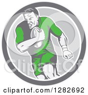 Poster, Art Print Of Retro Male Rugby Player Running In A Gray And White Circle