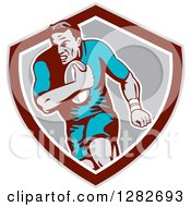 Poster, Art Print Of Retro Male Rugby Player Running In A Taupe Maroon White And Gray Shield