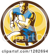 Poster, Art Print Of Retro Male Rugby Player Running In A Brown White And Yellow Circle
