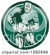 Poster, Art Print Of Retro Muscular Male Rugby Player Running In A Green And White Circle