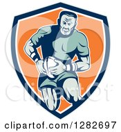 Poster, Art Print Of Retro Muscular Male Rugby Player Running In A Blue White And Orange Shield