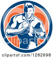 Clipart Of A Retro Male Rugby Player Running In A Blue White And Orange Circle Royalty Free Vector Illustration