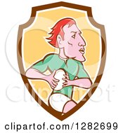 Poster, Art Print Of Cartoon Red Haired Male Rugby Player Running In A Brown White And Yellow Shield