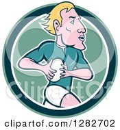 Poster, Art Print Of Cartoon Blond Male Rugby Player Running In A Green And White Circle