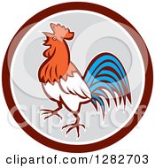 Poster, Art Print Of Retro Crowing Rooster In A Brown White And Gray Circle