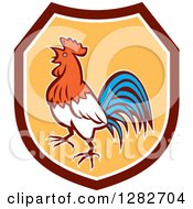 Clipart Of A Retro Crowing Rooster In A Maroon White And Yellow Shield Royalty Free Vector Illustration