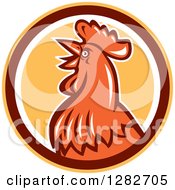 Clipart Of A Retro Crowing Rooster In A Yellow Brown And White Circle Royalty Free Vector Illustration
