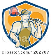 Clipart Of A Retro Cartoon Male Plumber Holding A Plunger Over His Shoulder In A Blue White And Orange Shield Royalty Free Vector Illustration