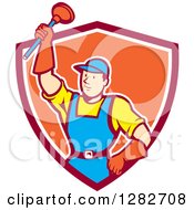 Clipart Of A Retro Cartoon Male Plumber Holding Up A Plunger In A Red White And Orange Shield Royalty Free Vector Illustration