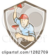 Clipart Of A Retro Cartoon Male Plumber With A Monkey Wrench And A Plunger In A Brown And White Shield Royalty Free Vector Illustration