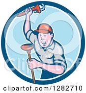 Clipart Of A Cartoon Male Plumber With A Monkey Wrench And A Plunger In A Blue And White Circle Royalty Free Vector Illustration