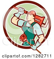 Clipart Of A Retro Cartoon Male Plumber With A Giant Monkey Wrench And A Plunger In A Brown White And Green Circle Royalty Free Vector Illustration