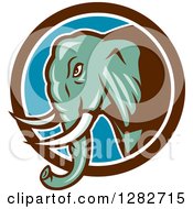 Poster, Art Print Of Retro Cartoon Angry Turquoise Elephant In A Brown White And Blue Circle